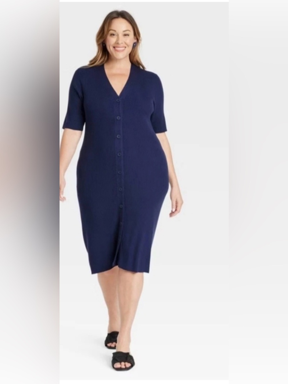 Ava & Viv navy blue ribbed knit short-sleeve button-down midi